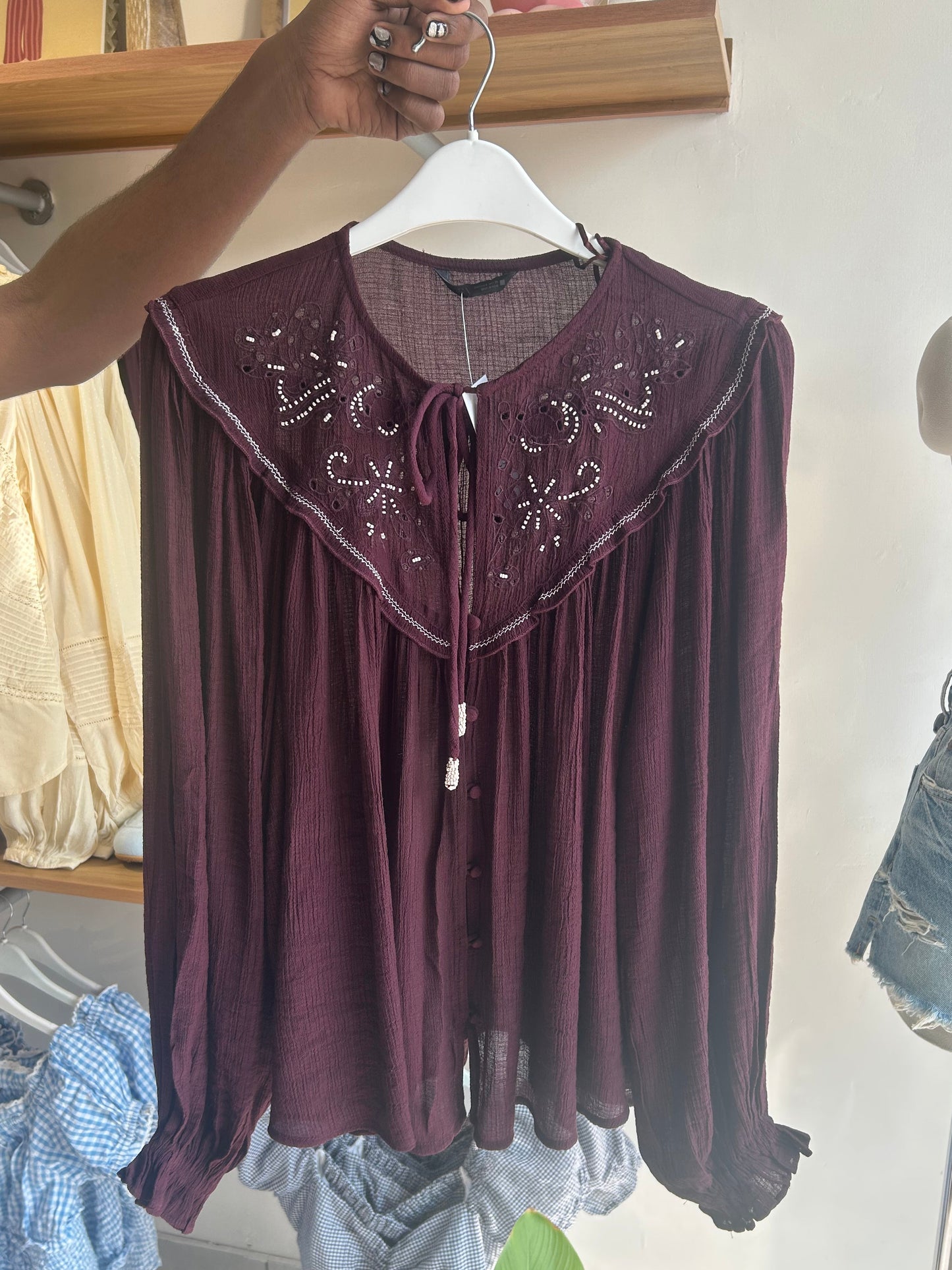 Zara burgundy embroidered blouse with beading