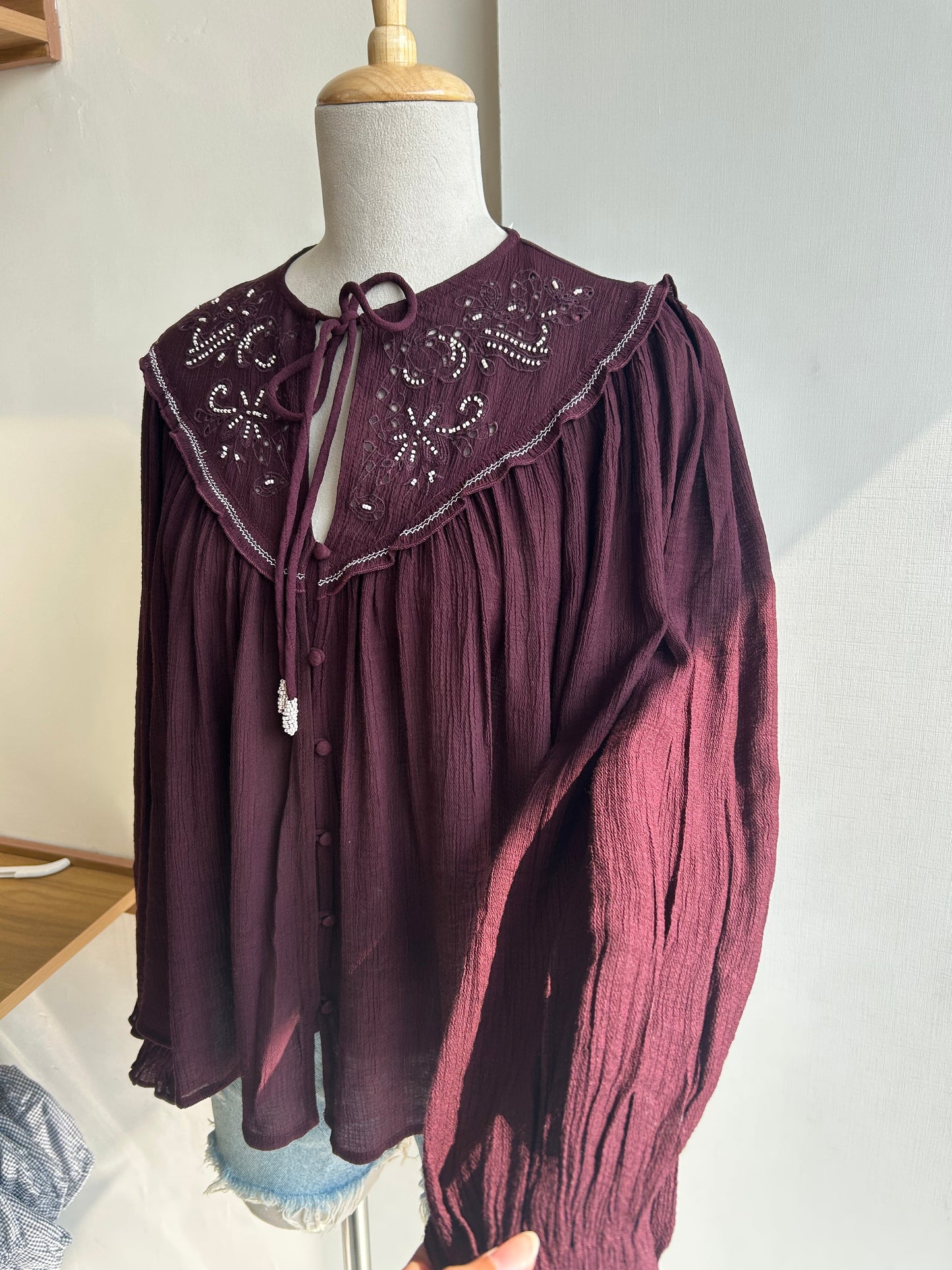 Zara burgundy embroidered blouse with beading