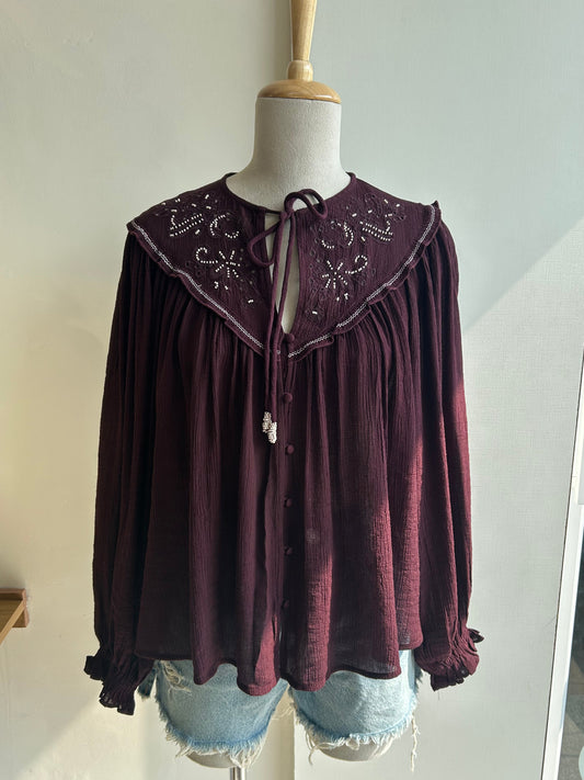 Zara burgundy embroidered blouse with beading