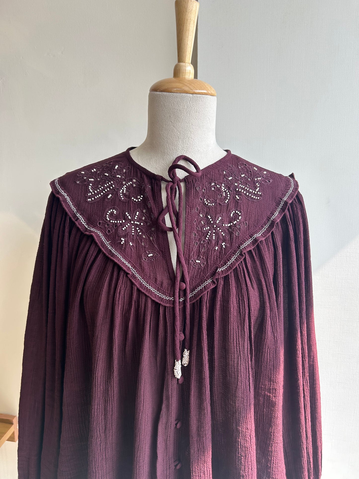 Zara burgundy embroidered blouse with beading