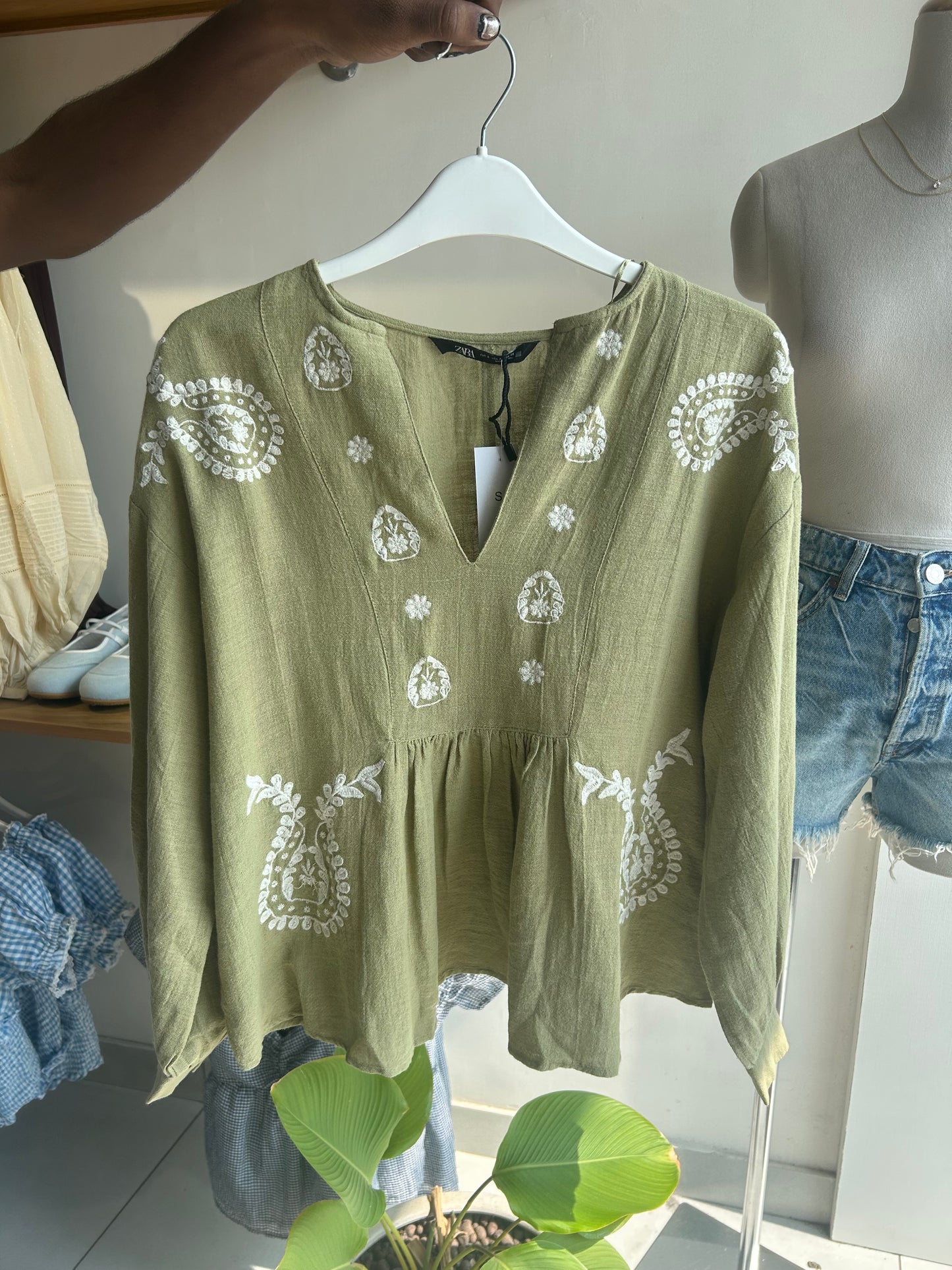 Zara green embroidered top