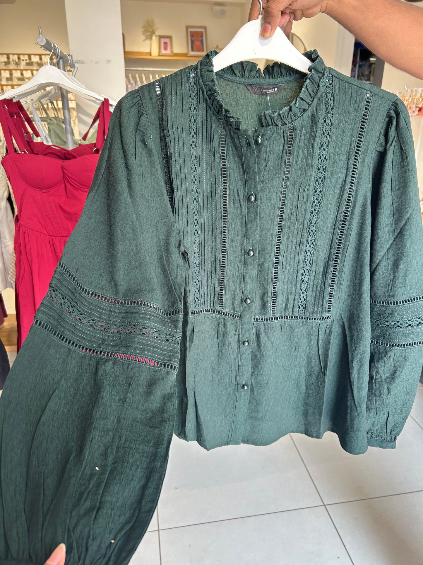 Zara green shirt with lace trim
