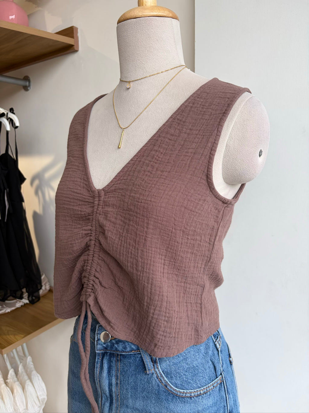 Front Tie Cotton Top Brown