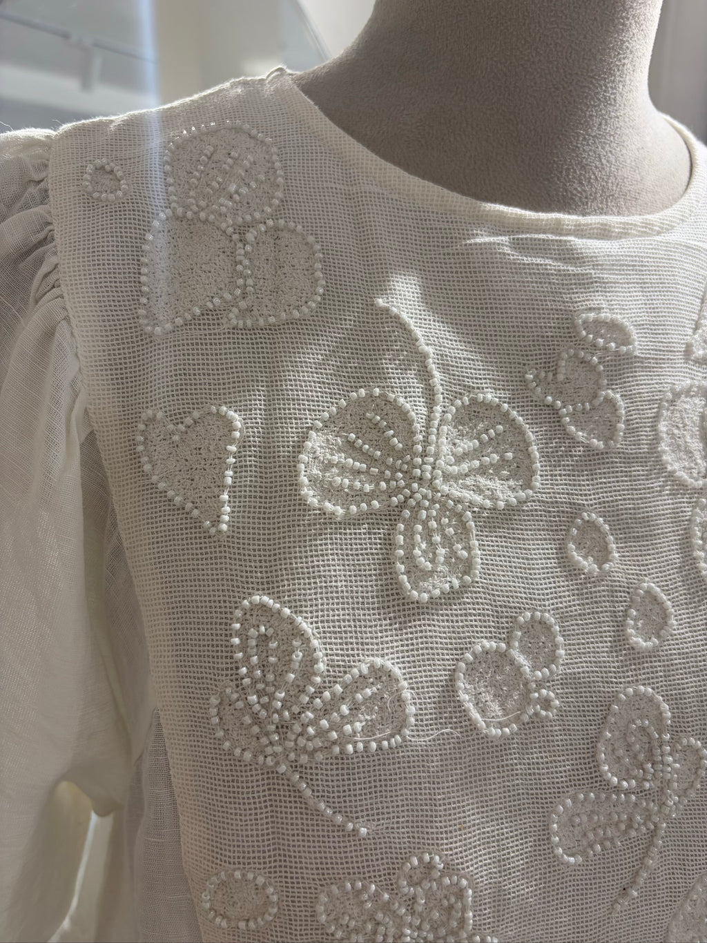 White Short Sleeve with Beaded Yoke