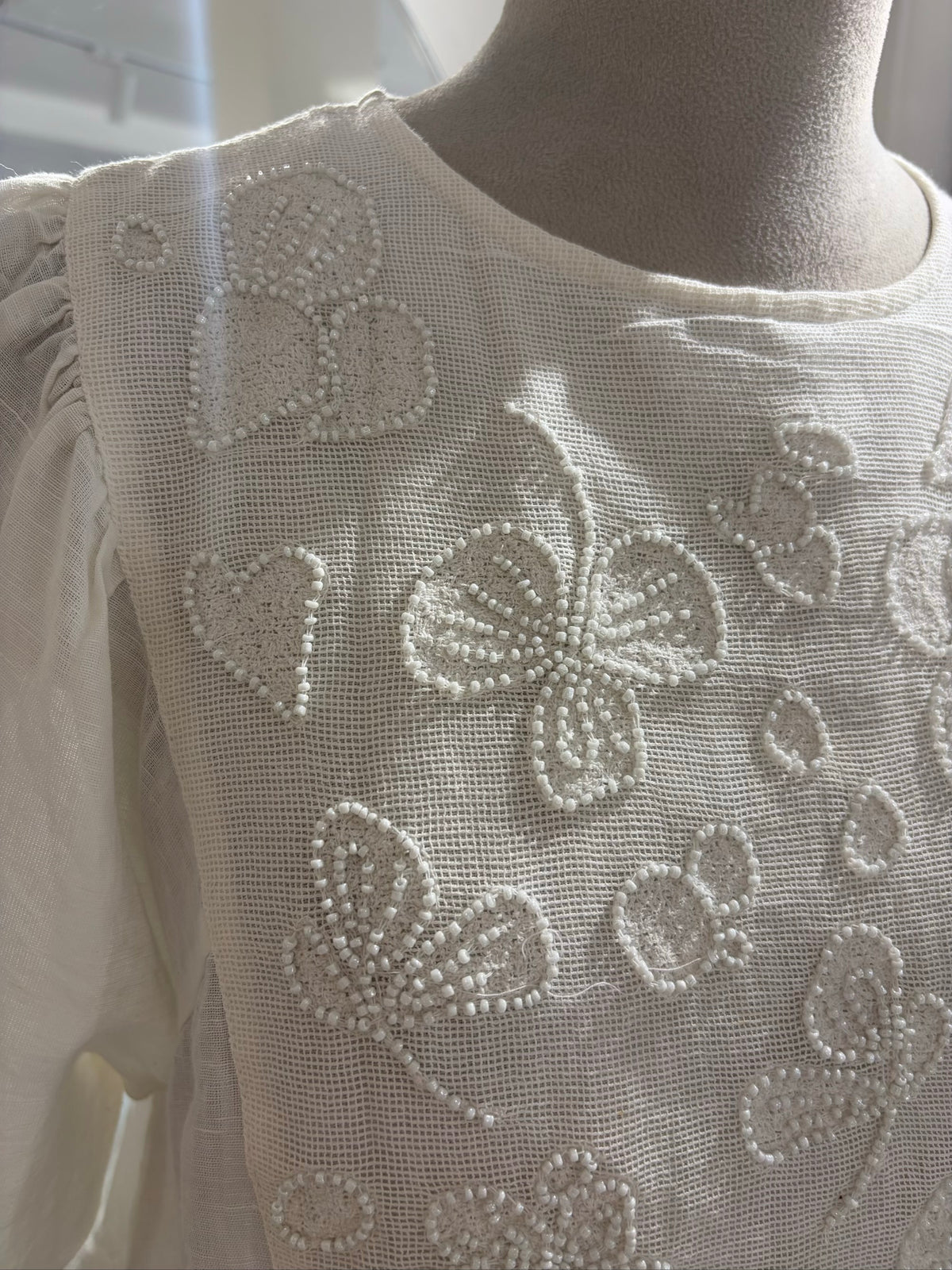 White Short Sleeve with Beaded Yoke