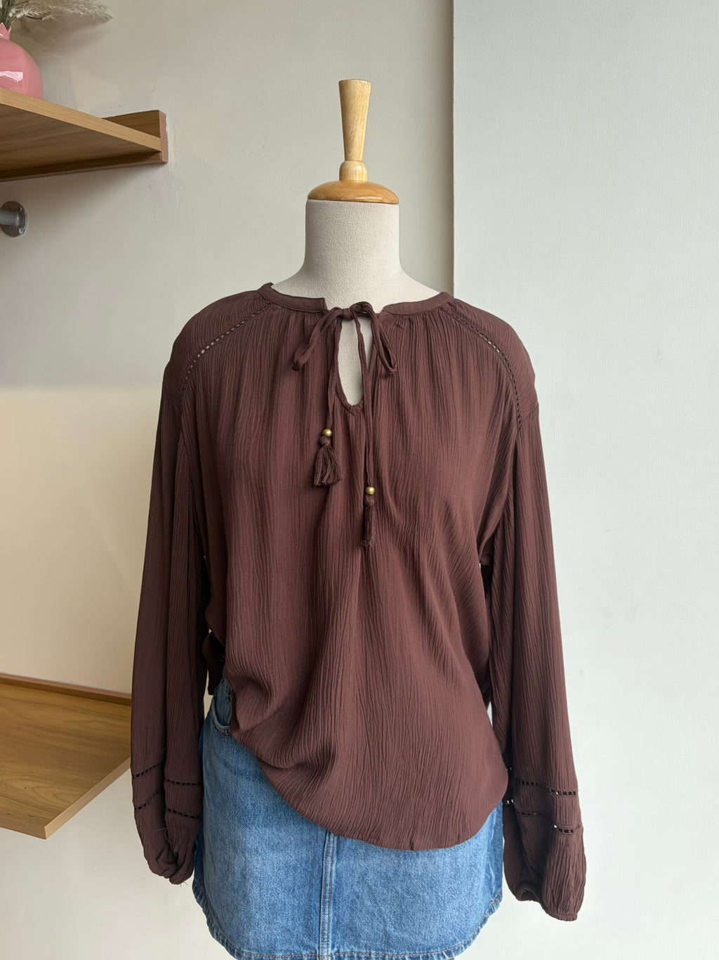 Front Tie Brown Long Sleeve Top