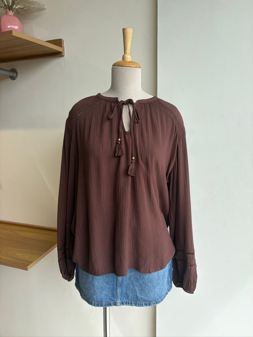 Front Tie Brown Long Sleeve Top