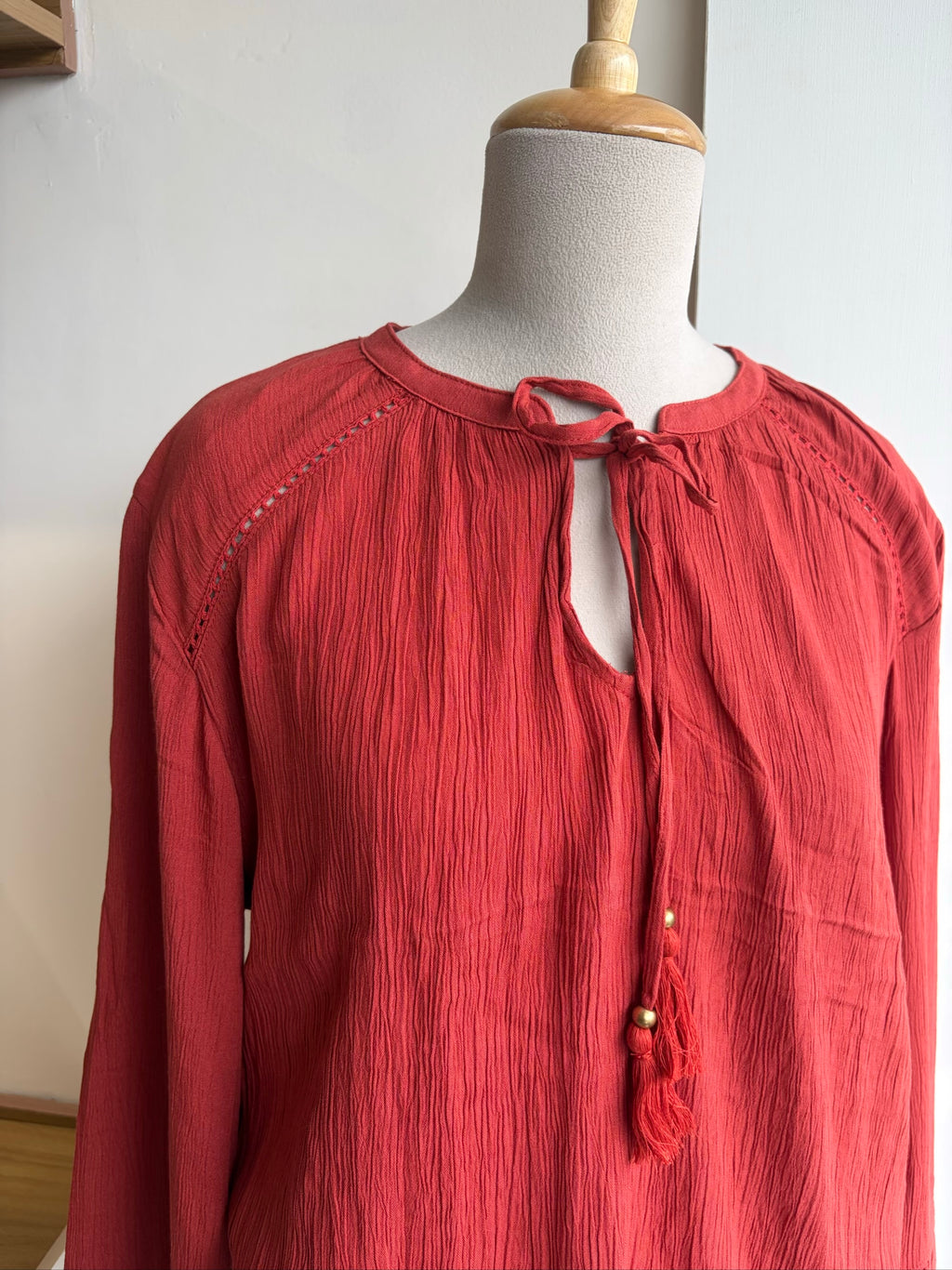 Front Tie Brick Orange Long Sleeve Top