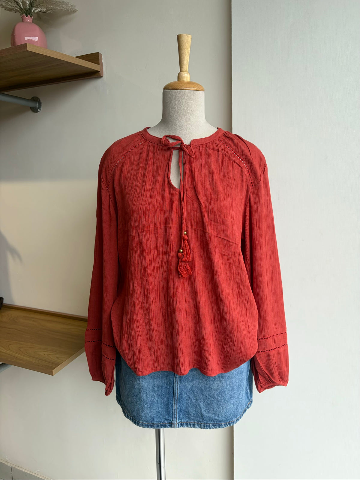 Front Tie Brick Orange Long Sleeve Top